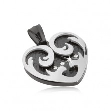 Ciondolo in acciaio, cuore con ornamenti di colore nero ed argento, zirconi