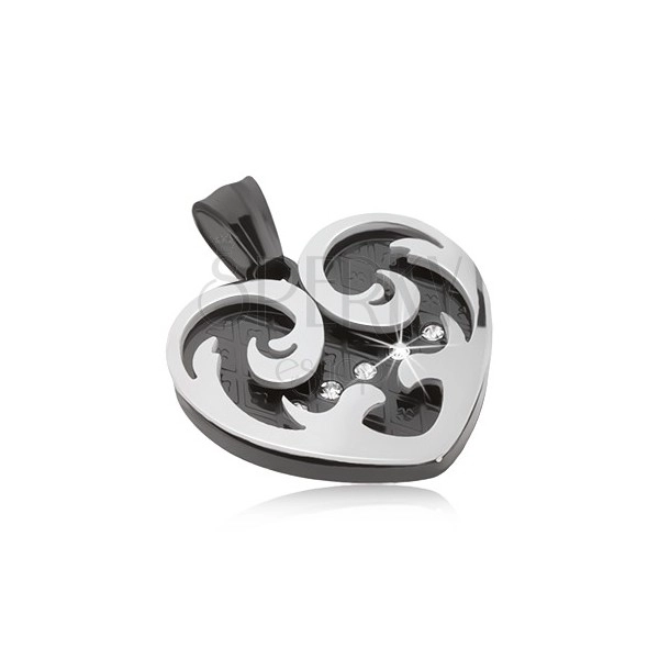 Ciondolo in acciaio, cuore con ornamenti di colore nero ed argento, zirconi