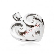 Ciondolo in acciaio, cuore con ornamenti di colore argento, zirconi rosa