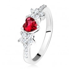 Anello con pietra rossa a forma di cuoricino e con fiorellini, piccoli zirconi chiari, argento 925