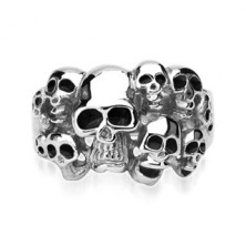 Anello in acciaio 316L color argento - dieci crani con smalto in color nero