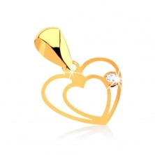 Ciondolo in oro giallo 9K - contorno doppio fine di cuore, piccolo zircone chiaro