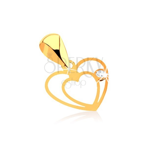 Ciondolo in oro giallo 9K - contorno doppio fine di cuore, piccolo zircone chiaro