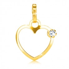 Ciondolo in oro giallo 375, contorno sottile di cuore simmetrico, piccolo zircone