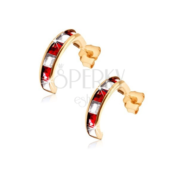 Orecchini d'oro 375 - semicerchi con rubini sintetici rossi e zirconi chiari