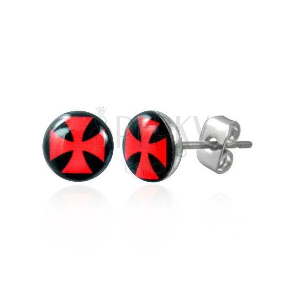 Orecchini con perno in acciaio, smalto, croce maltese rossa su sfondo nero