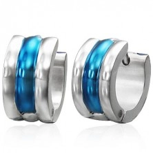 Orecchini a cerchio in acciaio, colore blu – argento, tre strisce verticali arrotondate