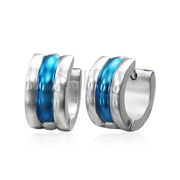 Orecchini a cerchio in acciaio, colore blu – argento, tre strisce verticali arrotondate