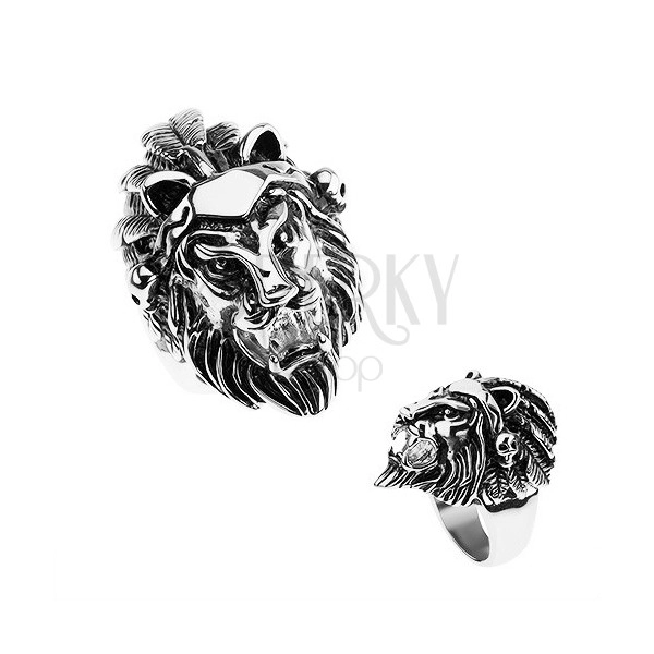 Anello in acciaio 316L, colore argento, testa di un leone, copricapo con piume, teschi