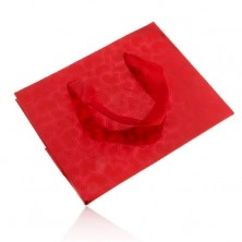 Borsa rossa per regalo, cuoricini opachi su sfondo lucido, nastrini rossi
