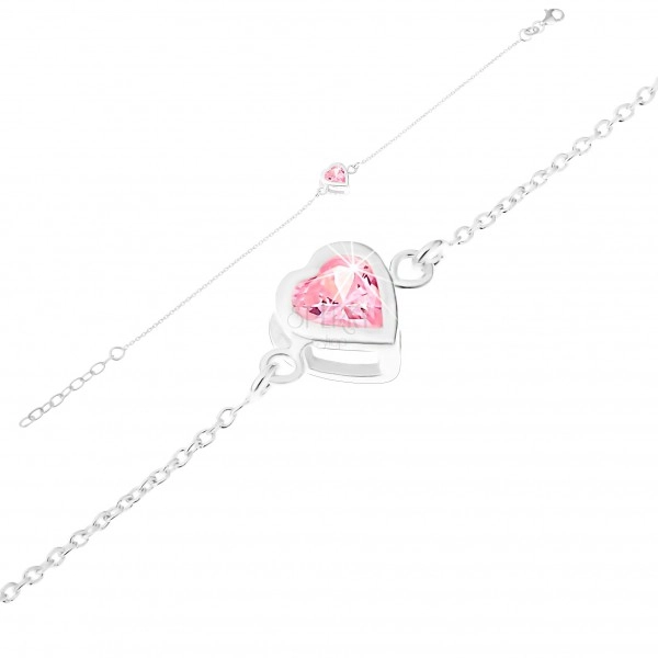 Bracciale regolabile d'argento 925, zircone rosa levigato - cuore, bordatura in argento