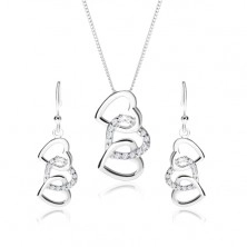 Set d'argento 925, orecchini e collana e orecchini, siluette di tre cuori connessi, zirconi chiari