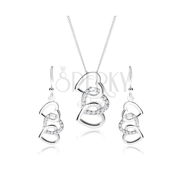 Set d'argento 925, orecchini e collana e orecchini, siluette di tre cuori connessi, zirconi chiari