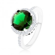 Anello in argento 925, zircone rotondo verde smeraldo, bordatura in zirconi chiari