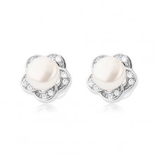 Orecchini a bottone d'argento 925, fiore in zircone chiaro con perla bianca