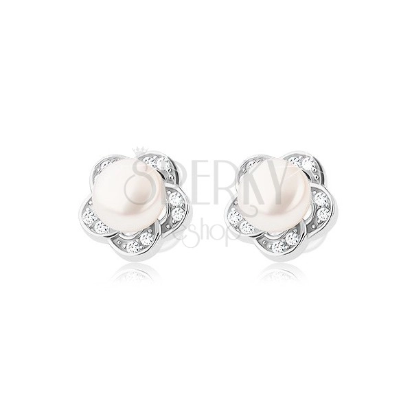 Orecchini a bottone d'argento 925, fiore in zircone chiaro con perla bianca