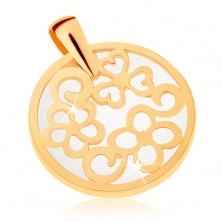 Ciondolo in oro giallo 9K - contorno di cerchio con ornamenti, sfondo perlaceo