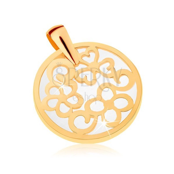 Ciondolo in oro giallo 9K - contorno di cerchio con ornamenti, sfondo perlaceo
