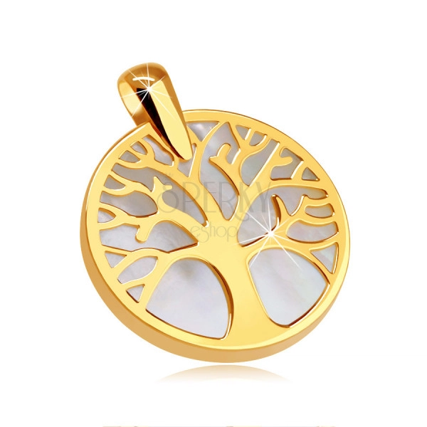 Ciondolo in oro giallo 9K - albero della vita in un contorno di un cerchio, sfondo perlaceo