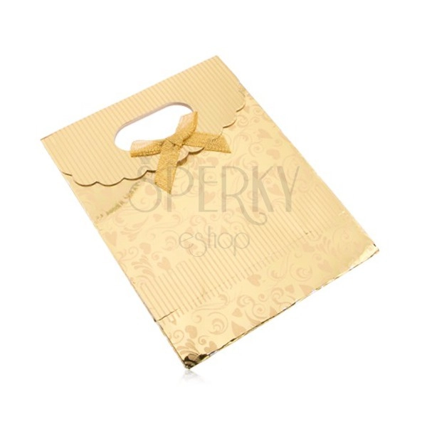 Borsetta da regalo di carta, superficie lucida di colore oro, cuoricini, spirali, nastrini