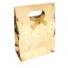 Borsetta da regalo di carta, superficie lucida di colore oro, cuoricini, spirali, nastrini