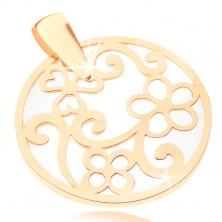 Ciondolo in oro giallo 9K - contorno di cerchio con ornamenti, base perlata