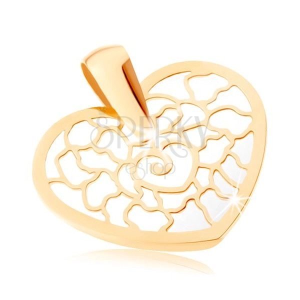 Ciondolo d'oro 375 - contorno di cuore con ornamenti, base in madreperla