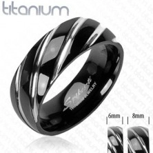 Anello in titanio in colore nero - intagli stretti, smussati in colore argento