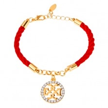 Braccialetto, laccetto rosso, ornamenti in color oro, zirconi chiari, moschettone