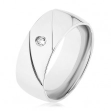 Anello in acciaio 316L, colore argento, due intagli diagonali, piccolo zircone chiaro