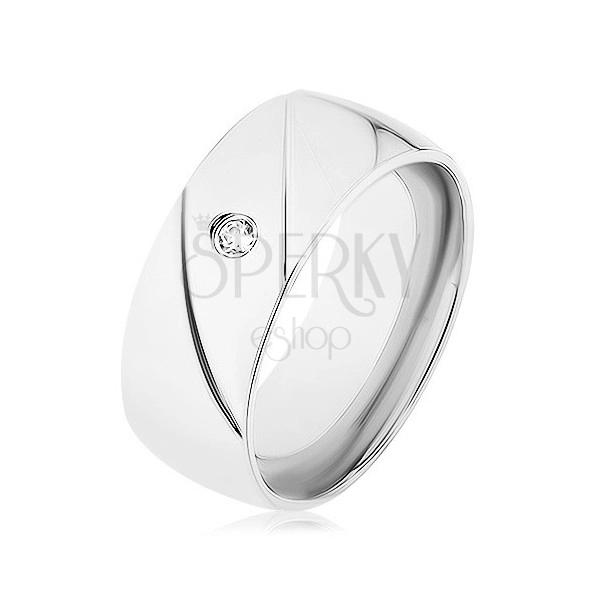 Anello in acciaio 316L, colore argento, due intagli diagonali, piccolo zircone chiaro