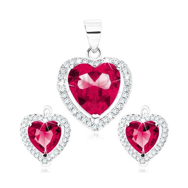 Set in argento 925, orecchini e ciondolo, cuore rosa-rosso, contorno chiaro