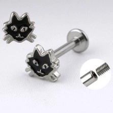 Labret in acciaio color argento - gatto con smalto nero