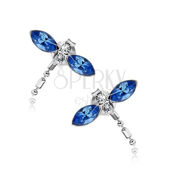 Orecchini realizzati in argento 925, libellula con ali blu, cristali Swarovski
