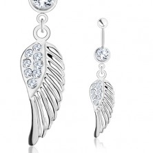 Piercing per pancia - acciaio 316L, ala di angelo con piccoli zirconi trasparenti, colore argento