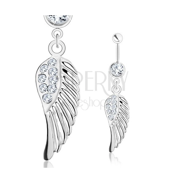 Piercing per pancia - acciaio 316L, ala di angelo con piccoli zirconi trasparenti, colore argento