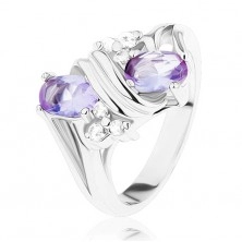 Anello in tonalità argento, zirconi in color chiaro e violetto chiaro, spirale doppia