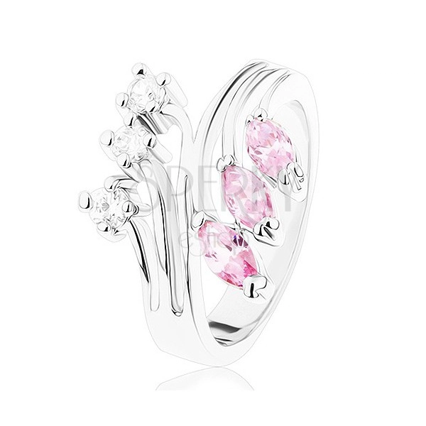 Anello in color argento con bracci ramificati, zirconi in color chiaro e rosa
