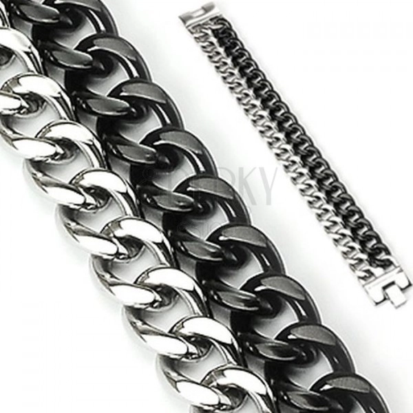 Bracciale grande in acciaio inox - due catene, colore nero-argento