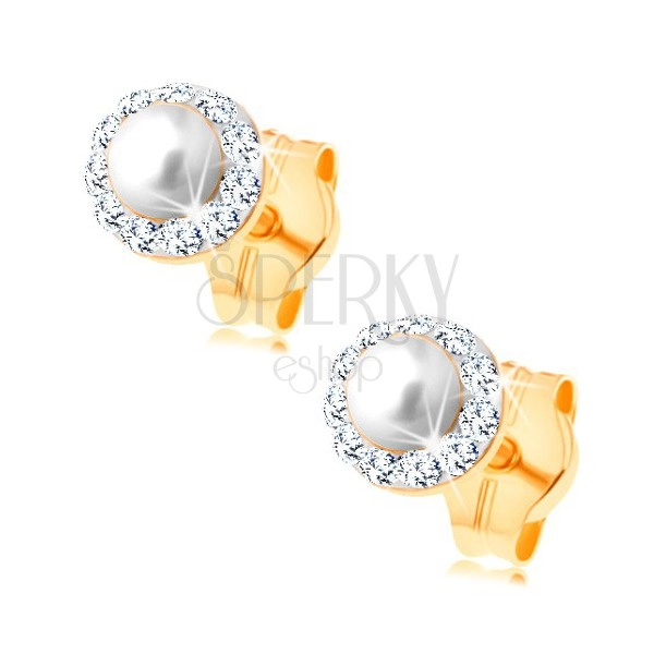 Orecchini in oro giallo 14K - una piccola perla rotonda bianca con una bordatura chiara brillante