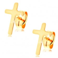 Orecchini in oro giallo 14K - piccola croce latina, lucentezza brillante, a bottone