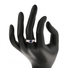 Anello in argento 925, zircone rotondo blu scuro, cuoricini chiari luccicanti