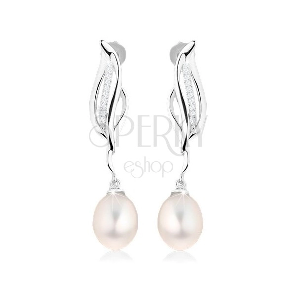 Orecchini d'argento 925, un contorno ondulato di una foglia, perla ovale pendente in colore bianco