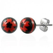 Orecchini in acciaio palline nere - simbolo fiore rosso