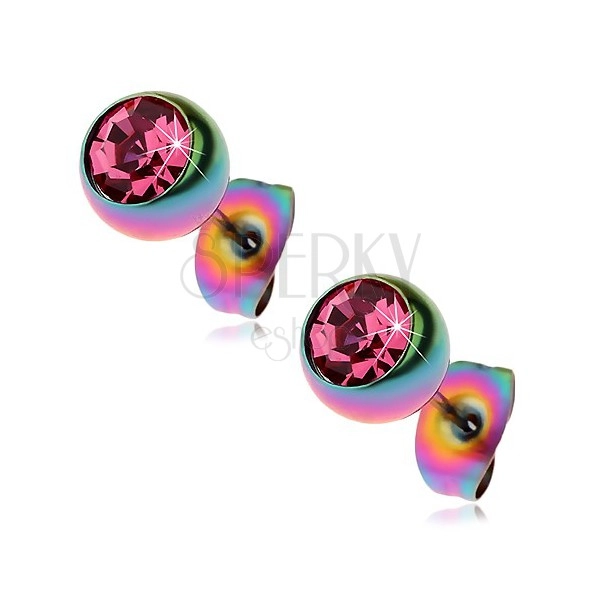 Orecchini in acciaio, palline nei colori dell'arcobaleno con zircone rosa, 7 mm