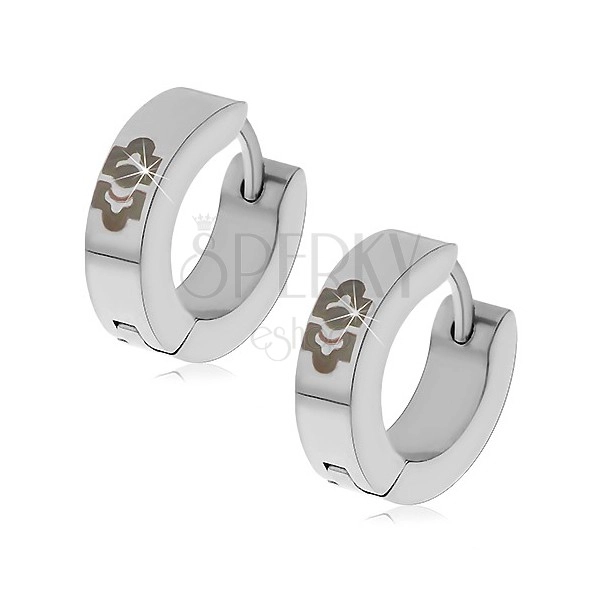 Orecchini in acciaio, colore argento - cerchi con ornamento nero