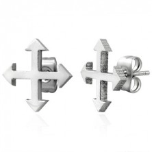 Orecchini realizzati in acciaio inossidabile, colore argento, due frecce con due estremità che indicano dei punti cardinali