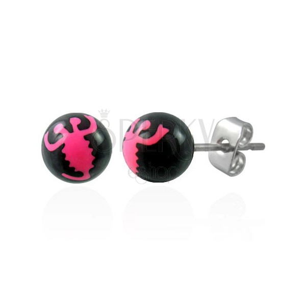 Orecchini in acciaio palline nere - motivo scorpio rosa