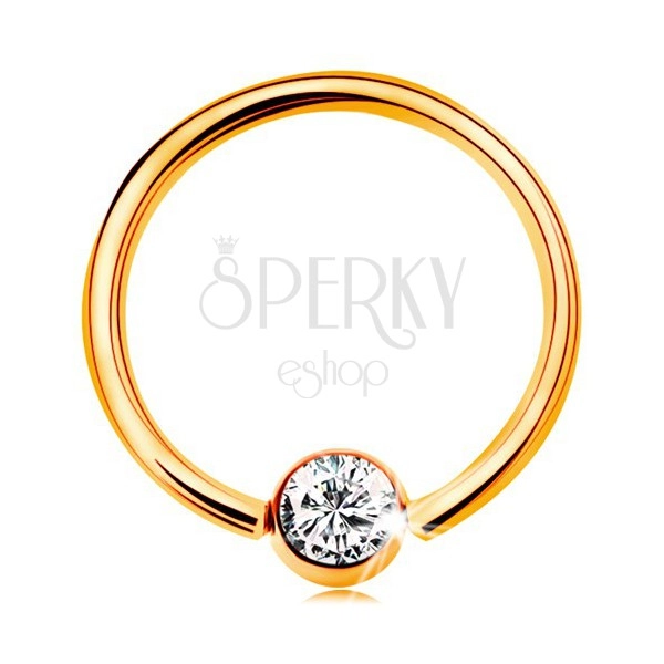 Piercing in oro 9K - cerchio lucido con pallina e zircone chiaro, 14 mm