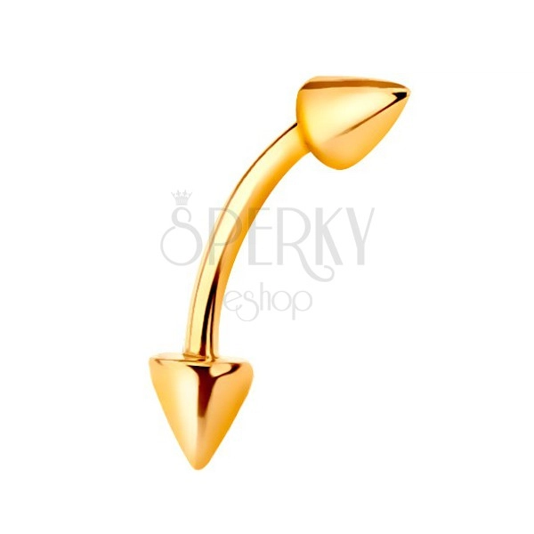 Piercing realizzato in oro giallo 9K - barbell lucido arcuato che finisce con due coni